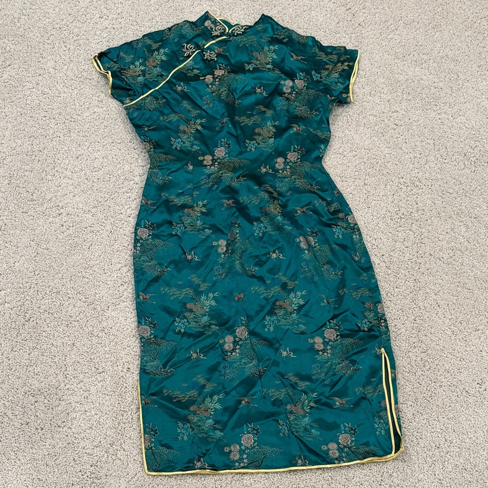 Elegant Teal Floral Dress silk Asian Chung sum